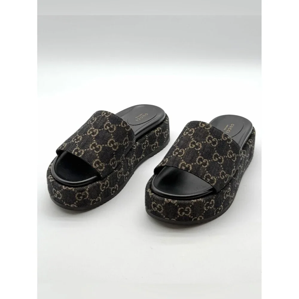 Gucci Angelina GG Monogram Platform in Black Denim Slide Sandals EU 39.5 US 9.5